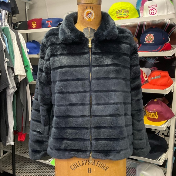 Guxy Navy Blue Faux Fur Zip Front Jacket - Picture 1 of 5